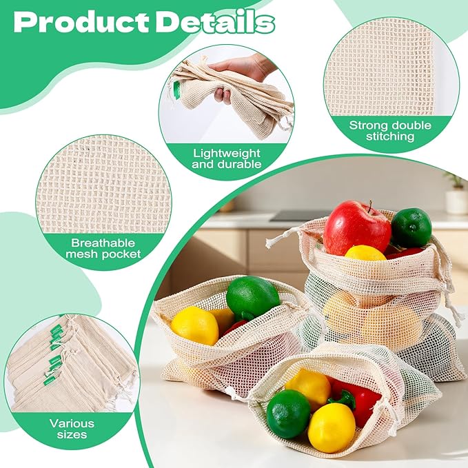 12+1 Pack Reusable Produce Bags, Cotton Mesh Produce Bags Reusable Washable, Grocery Bag, Double-Stitched Vegetable Bag with Drawstrings for Shopping, Transporting and Storing(4xS, 4xM, 4xL)
