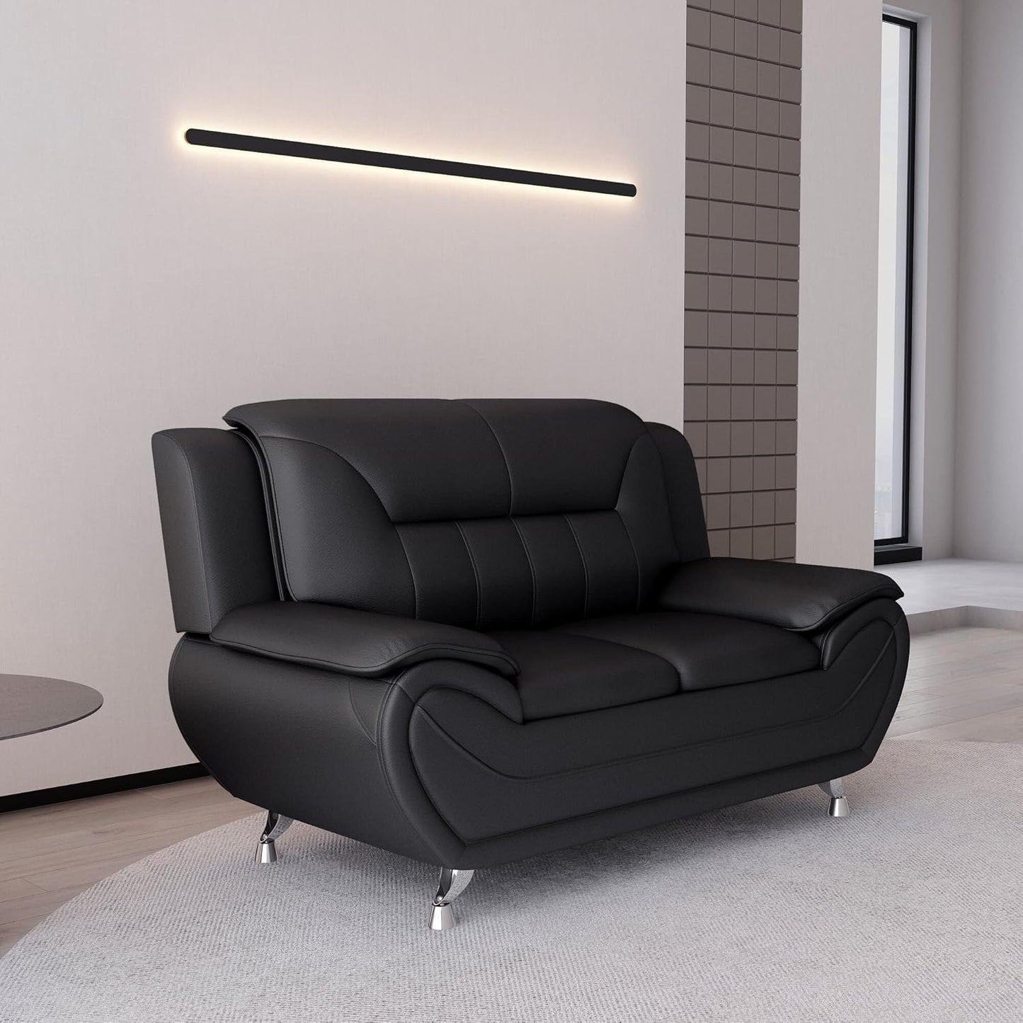 Container Furniture Direct Michael Modern Faux Leather Upholstered Stainless Steel Legs Living Room Sofa, Loveseat, Midnight
