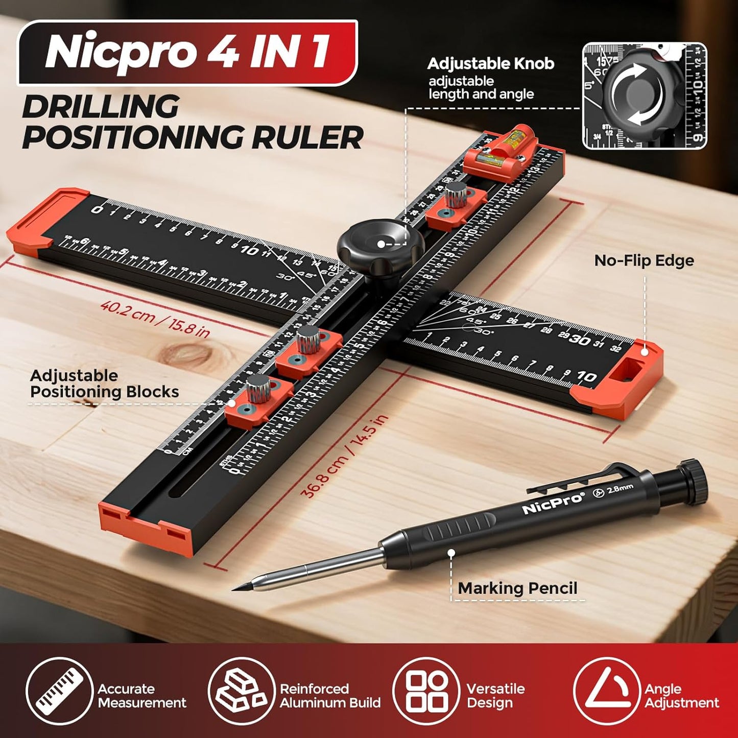 Nicpro 4-in-1 Drilling Positioning Scribing Ruler, Adjustable Multifunctional T Square Ruler with Carpenter Pencil, Carpenters Square Tools for Woodworking, Cabinet Drawer Door Hole Drilling Template