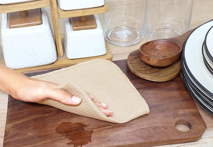 PurpleEssences Dish Cloths and Dish Rags - 6 Pack Waffle Weave Solid Kitchen Dish Wash Cloths, 100% Cotton, 12 x 12 Inches, Ultra Soft Absorbent Quick Drying - Christmas Holiday Winter - Beige