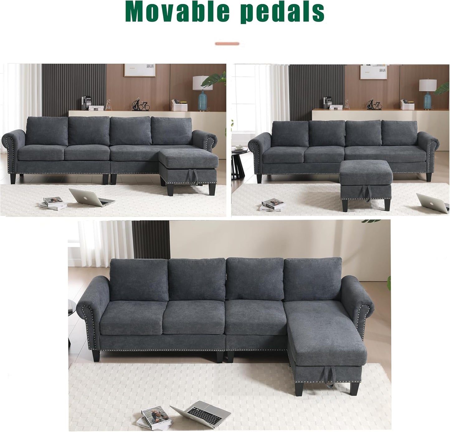 Ball & Cast 106" Convertible Sectional Sofa with Storage Chaise, Linen Upholstered 4 Seater Couch with Back Cushions and Removable Ottoman for Living Room, Apartment, Office,Gray