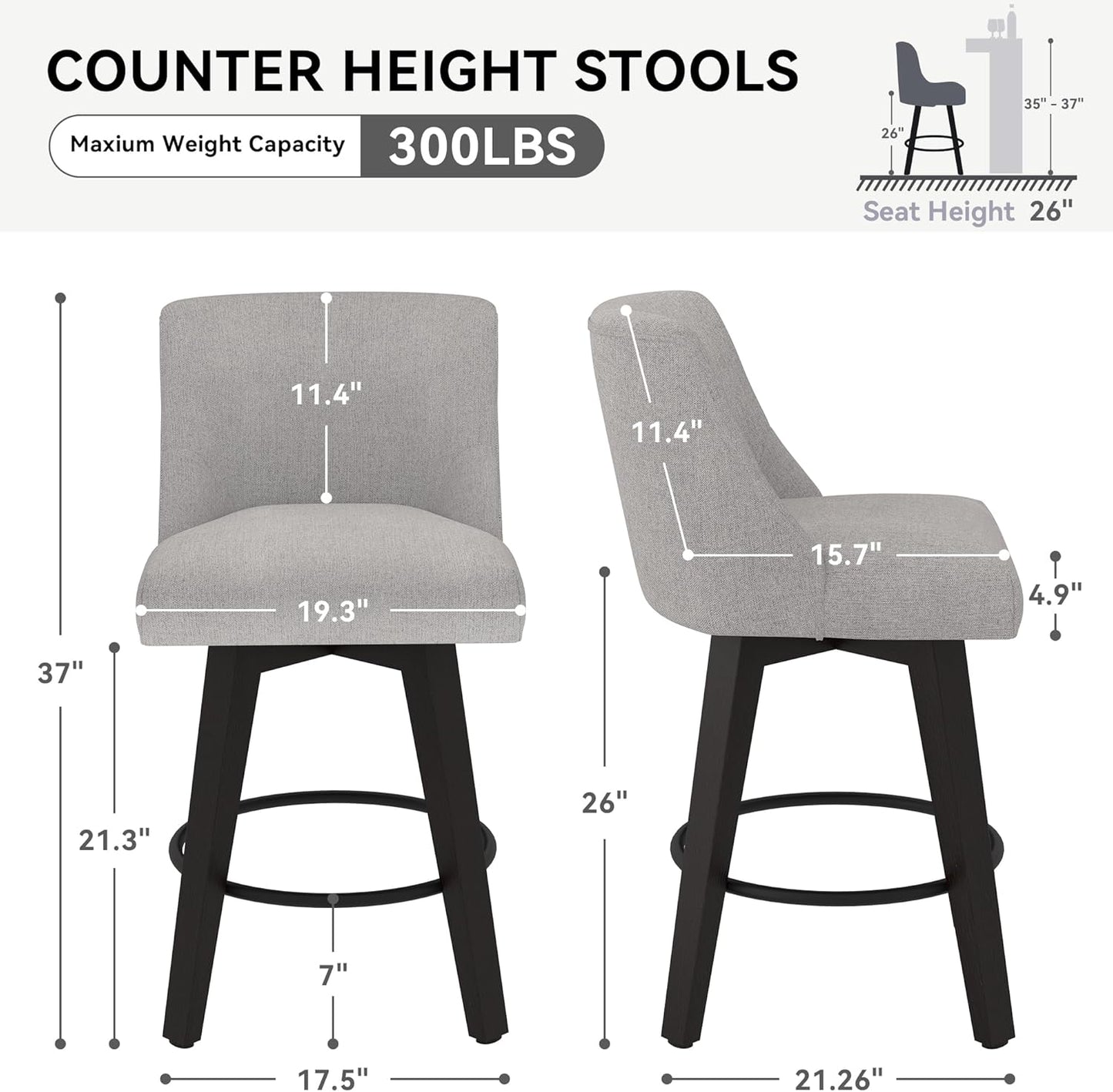 Counter Height Swivel Bar Stools Set of 6, 26 Inch Bar Stools with Footrest, Linen Fabric Upholstered Barstools with Back and Solid Wood Legs for Kitchen Island, Dining Room,Pub,Light Grey