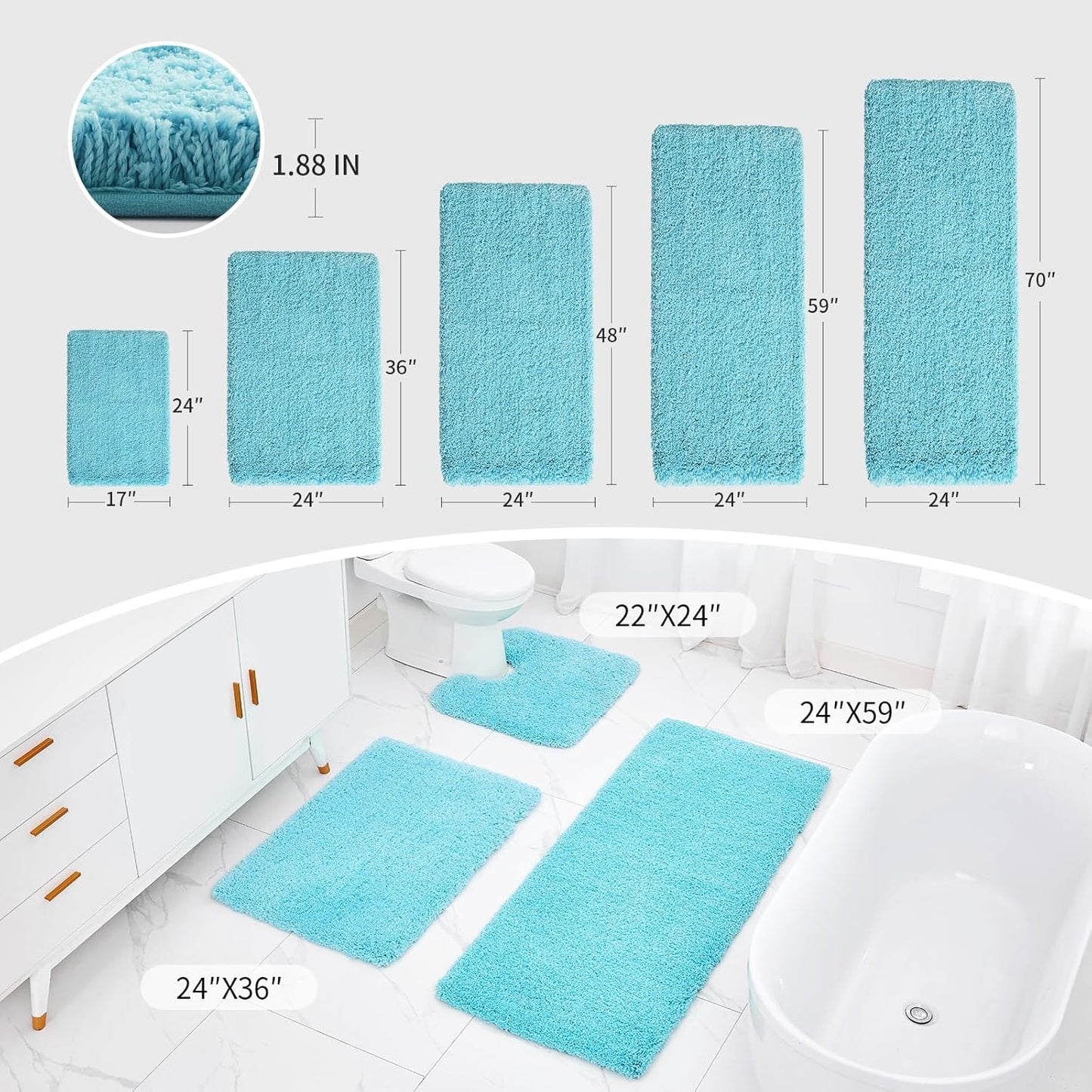 Bathroom Runner Rug 24x70 Teal Non Slip Fluffy Long Bath Mat for Bathroom Floor Washable Plush Luxury Large Bath Rug for Tub Absorbent Runner Rug for Bedside