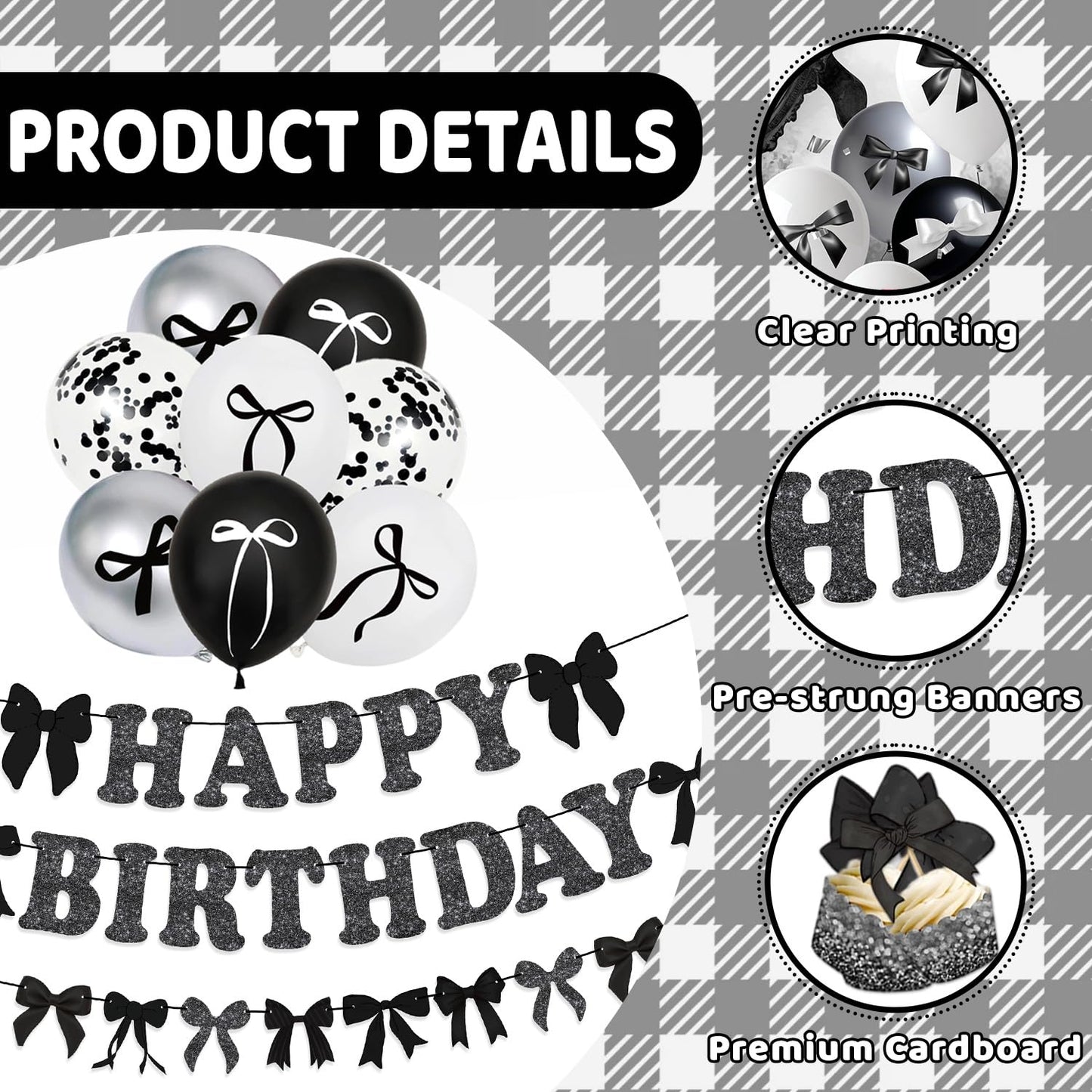 Black Bow Birthday Party Decorations Set - Cute Backdrop Banner, Hanging Banners, Balloons, Cake & Cupcake Toppers, Princess Theme Party Supplies Kit for Girls, Kids, Baby Shower
