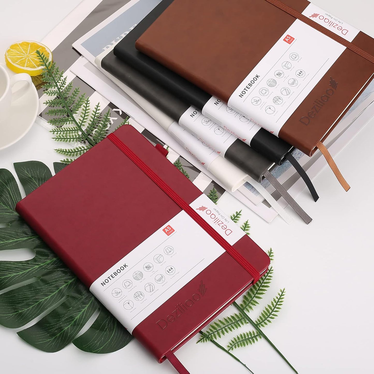 Deziliao Lined Journal Notebooks with Pen Loop, Hardcover Notebook Journal for Work, 100Gsm Premium Thick Paper with Inner Pocket, Medium 5.7"x8.4", （Red, Ruled）