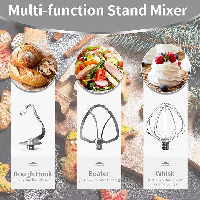 Stand Mixer 9 IN 1, 850W Tilt-Head Multifunctional Electric Mixer with 8 QT Stainless Steel Bowl, 1.5L Glass Jar, Meat Grinder, Hook, Whisk, Beater Dishwasher Safe (Silvery)