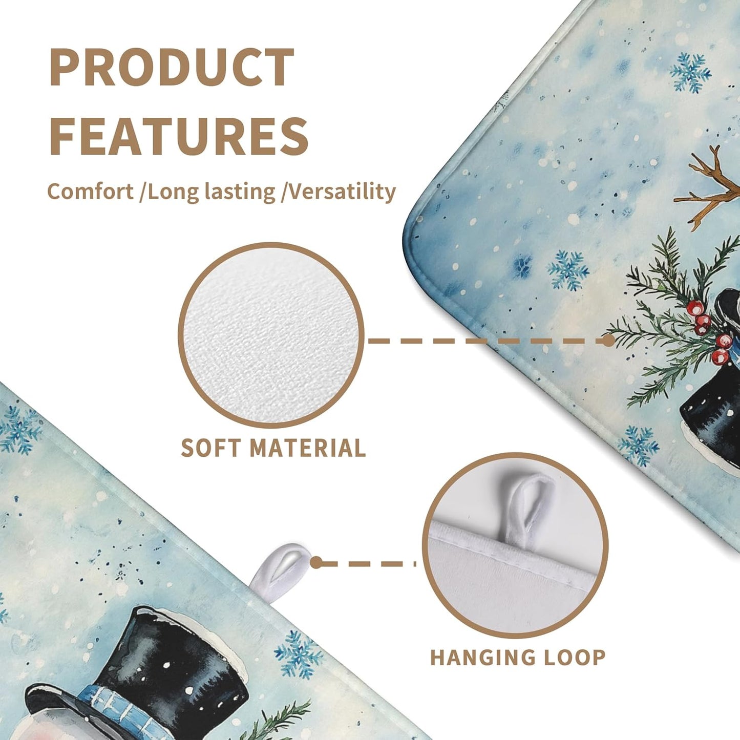 Snowman Super Absorbent Dish Drying Mat, 18x24 Inch, Winter Blue Snowflake Dish Drainer Rack, Large, Microfiber Dry Mat, Christmas Kitchen Accessory