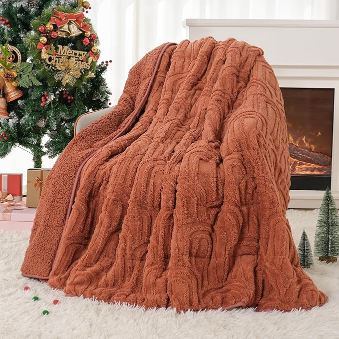 Cottonblue Jacquard Weighted Blanket for Adults 20 lbs Queen Size, Cozy Fluffy Sherpa Fleece Weighted Throw Blankets 60" x 80" for Sleep Relax, Fuzzy Warm Arch Heavy Blanket for Bed Couch, Rust Pink