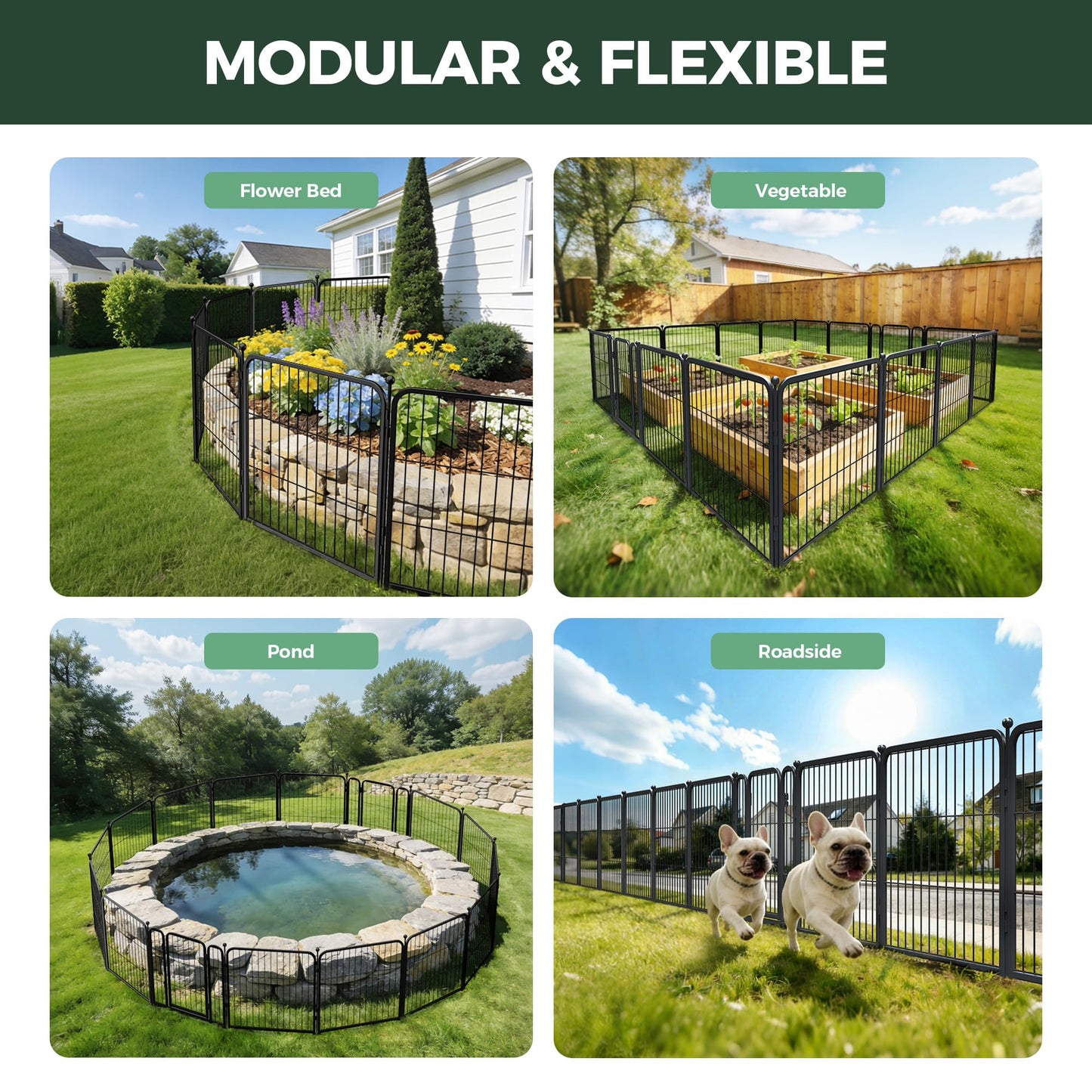 FXW Garden Fence Outdoor for the Yard – 24in(H) x 30.4ft(L) Heavy Duty Metal Animal Barrier for Dog, No Dig Decorative Dog Fence, 16 Panels, Black
