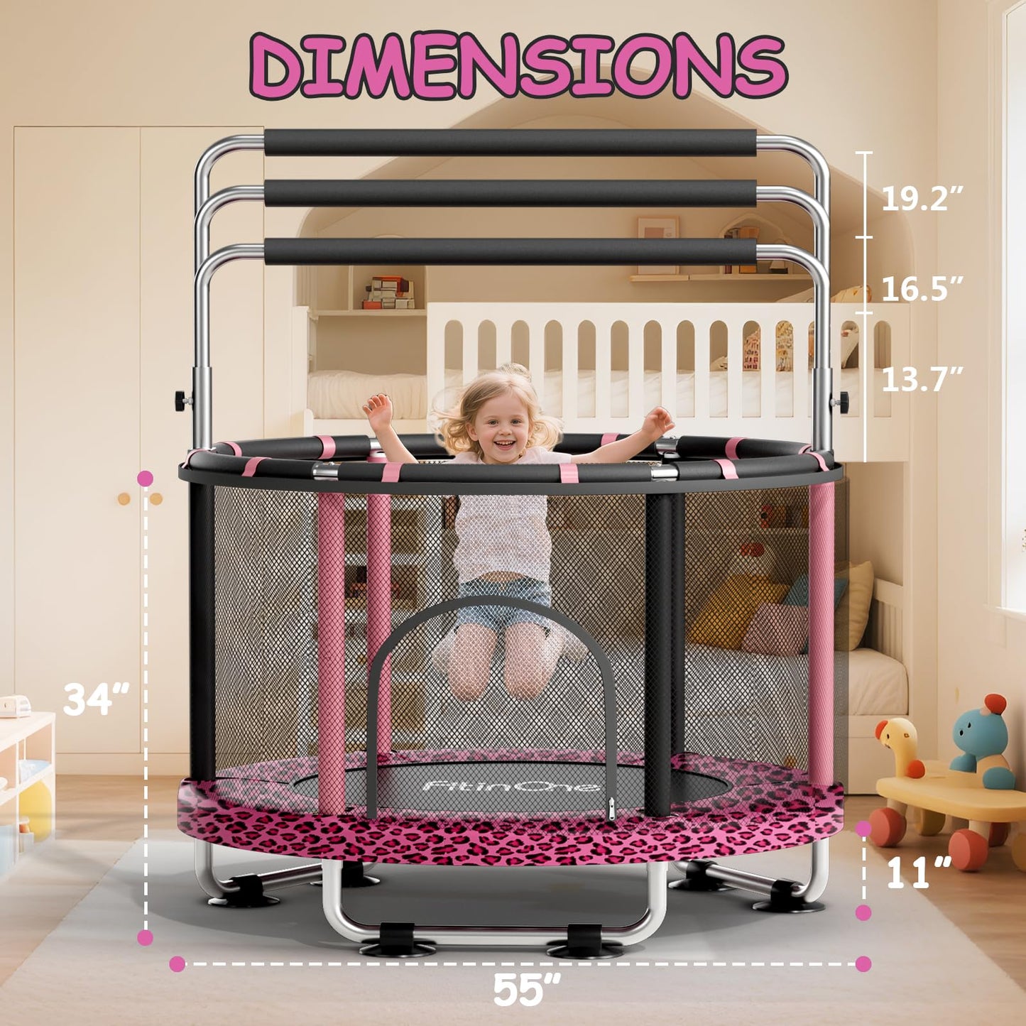 FitinOne 55" Toddler Mini Trampoline for Kids, Indoor Outdoor Toys with Swing, 440lbs Baby Kids Trampoline, Gymnastics Bar, Birthday Gifts for Boy Girl Age 1-8(Leopard)