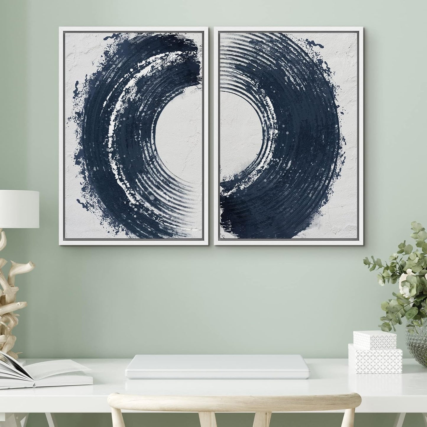 SIGNWIN Framed Canvas Print Wall Art Set Black Gray Pastel Paint Stroke Spiral Ring Abstract Shapes Illustrations Modern Minimal Decorative for Living Room, Bedroom, Office - 16"x24"x2 White