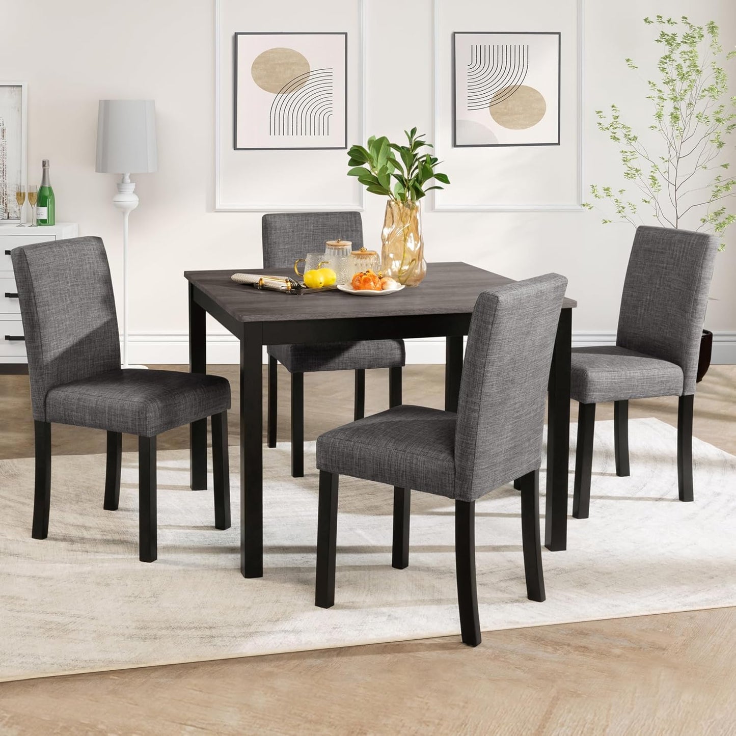 KEIKI 5-Piece Standard Height Dining Table Set with Square Table and 4 Upholstered Curved Backrset Chair, for 4 Person, Modern Wooden Table Set, Easy Assembly, for Kitchen, Dining Room, Black+Gray
