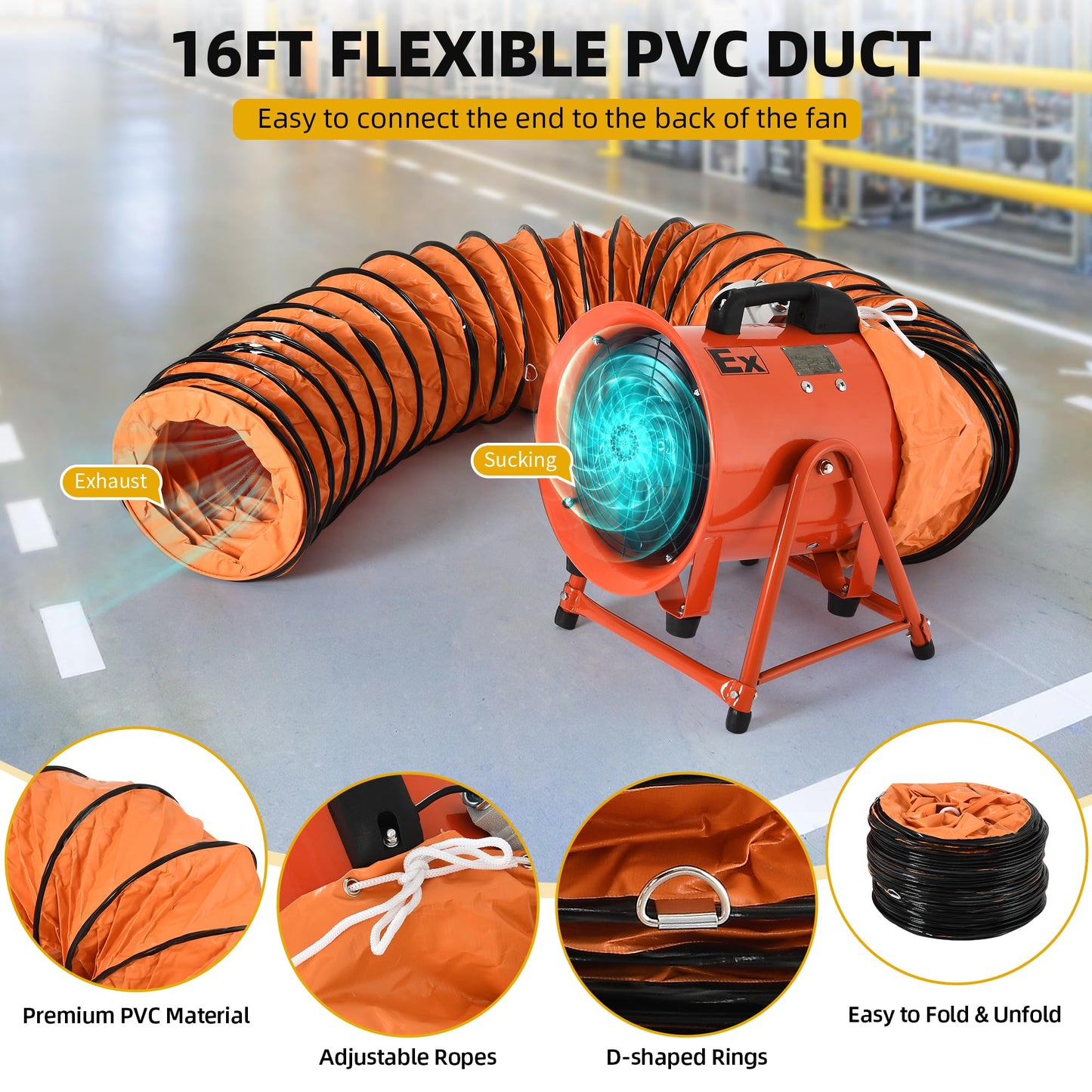 Dwvo 12 Inch Explosion Proof Fan, Portable Utility Blower With Adjustable A-Frame And 16Ft Flexible Pvc Duct Hose, Industrial Ex