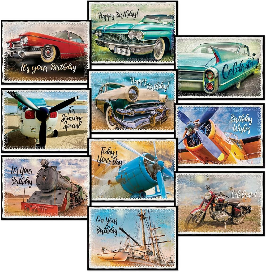 Current Vintage Transport Birthday Greeting Cards - Set of 20 (2 each of 10 Designs), 5 x 7 Inches, Sentiments Inside, Envelopes Included, Assortment Set