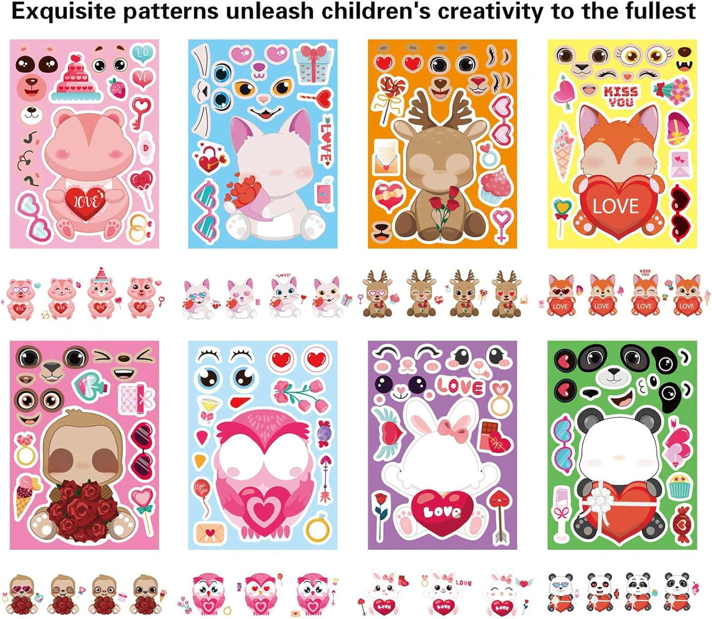 32 Sheets Valentine Stickers for Kids, Valentine's Day Make a Face Stickers, Make Your Own Stickers 8 Designs of Animal Owl Rabbit Bear Stickers for Boys Girls
