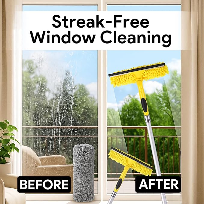 284'' Window Squeegee with Telescoping Extension Pole, 2 in 1 Shower Cleaning with Telescopic Pole, Extension Washing Tool with Rotating Head for Indoor/Outdoor High Window Glass