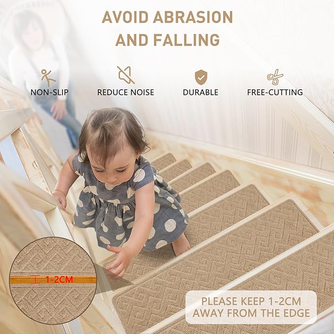 Stair Treads for Wooden Steps, 8" X 30" Non Slip Stair Runner Carpet Indoor with Reusable Adhesive Backing, Soft Tread Mat for Stairs, Ideal for Home, Polyester TPR Backing Stair Rugs-Beige 15 Pack