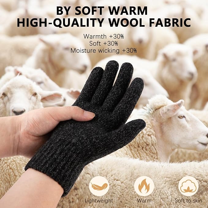 Winter Wool Gloves for Men Warm Knitted Touchscreen Cold Weather Gloves for Running Driving