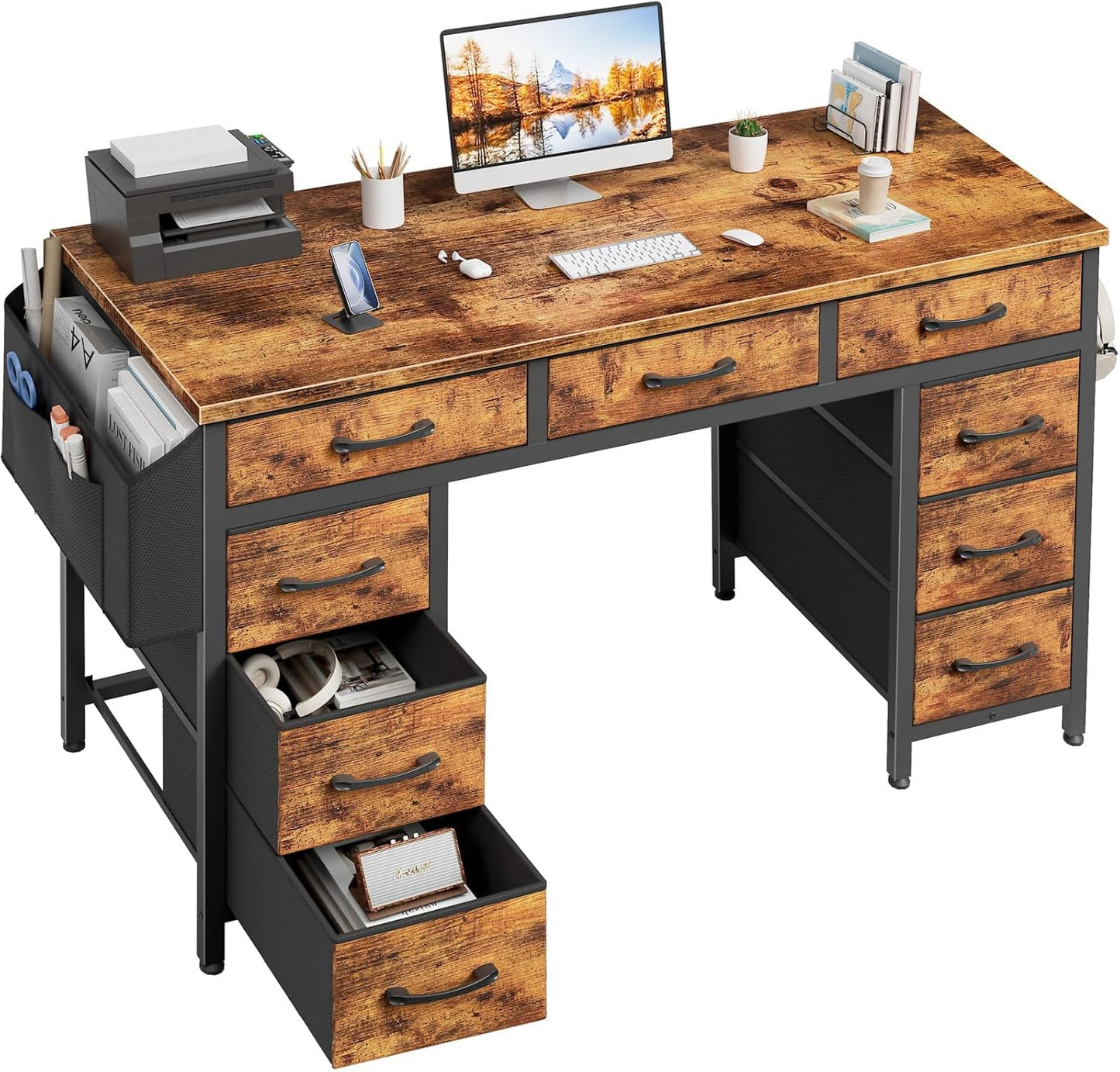 Lufeiya 47 Inch Computer Desk with 9 Drawers, Office Desk Work Desk for Home Office, Study, Writing Desk with Fabric Drawers on Both Sides, Large Storage, Rustic Brown