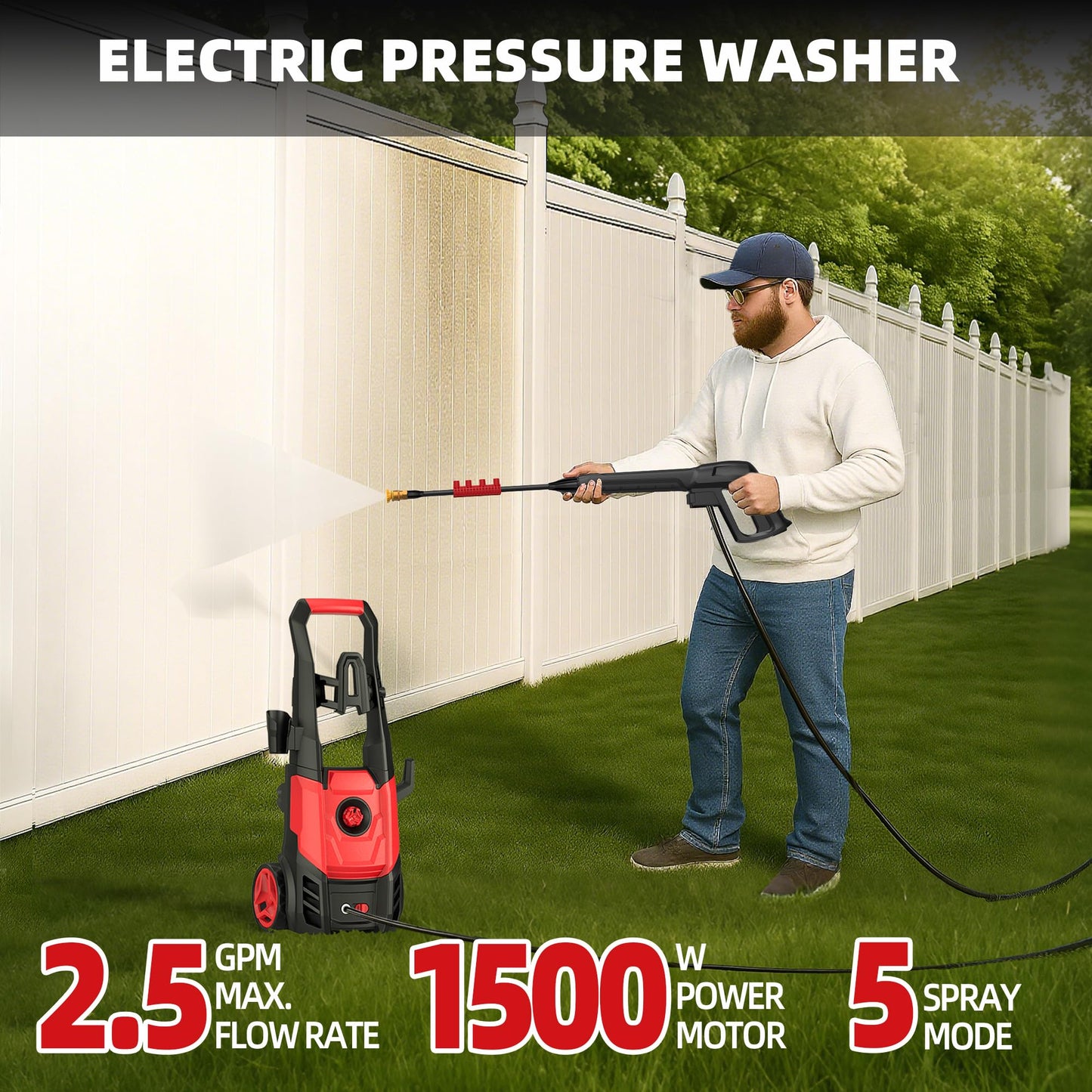 Paporia Electric Pressure Washer, 2.5 Max GPM Electric Power Washer with Foam Cannon, Powerwasher with 4 Nozzles, High Pressure Washer for Cars, Driveways, Patios, Decks