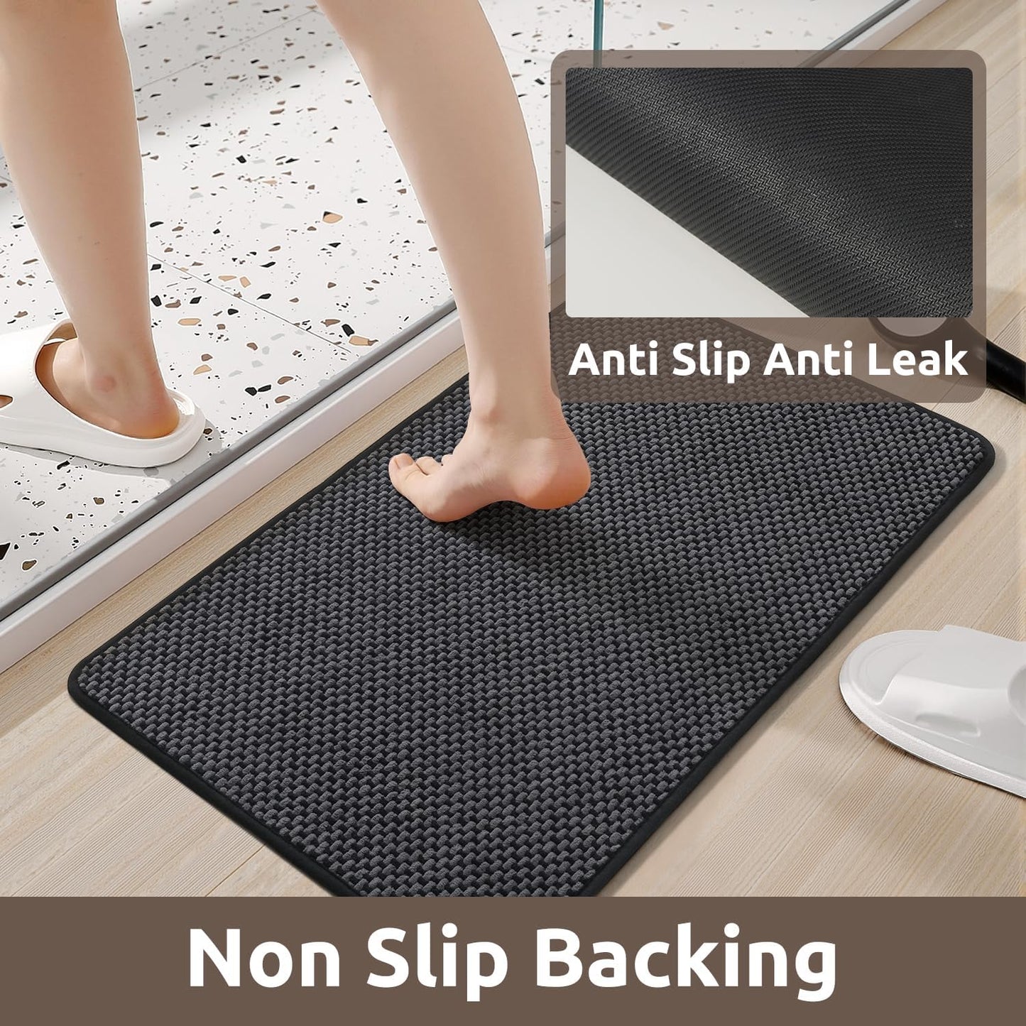 AMOAMI Chenille Bath Mat Super Absorbent Bathroom Mat Quick Dry Low Pile Bath Mats for Bathroom Washable Rubber Backed Bathroom Runners Fit Under Door, Front of Bathtub, Sink, Darkgrey&Black 17"x59"