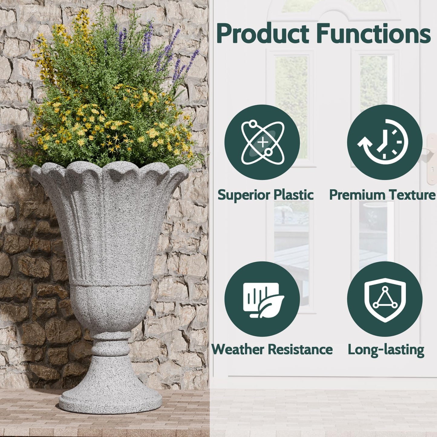 Trygoal 23.6" Tall Plastic Urn Planters for Outdoor Plants with Drainage Holes & Petal Design, Set of 2 Sturdy Base Classic Indoor Large Flower Pots, Outdoor Planters for Porch/Home/Garden, Slate Gray