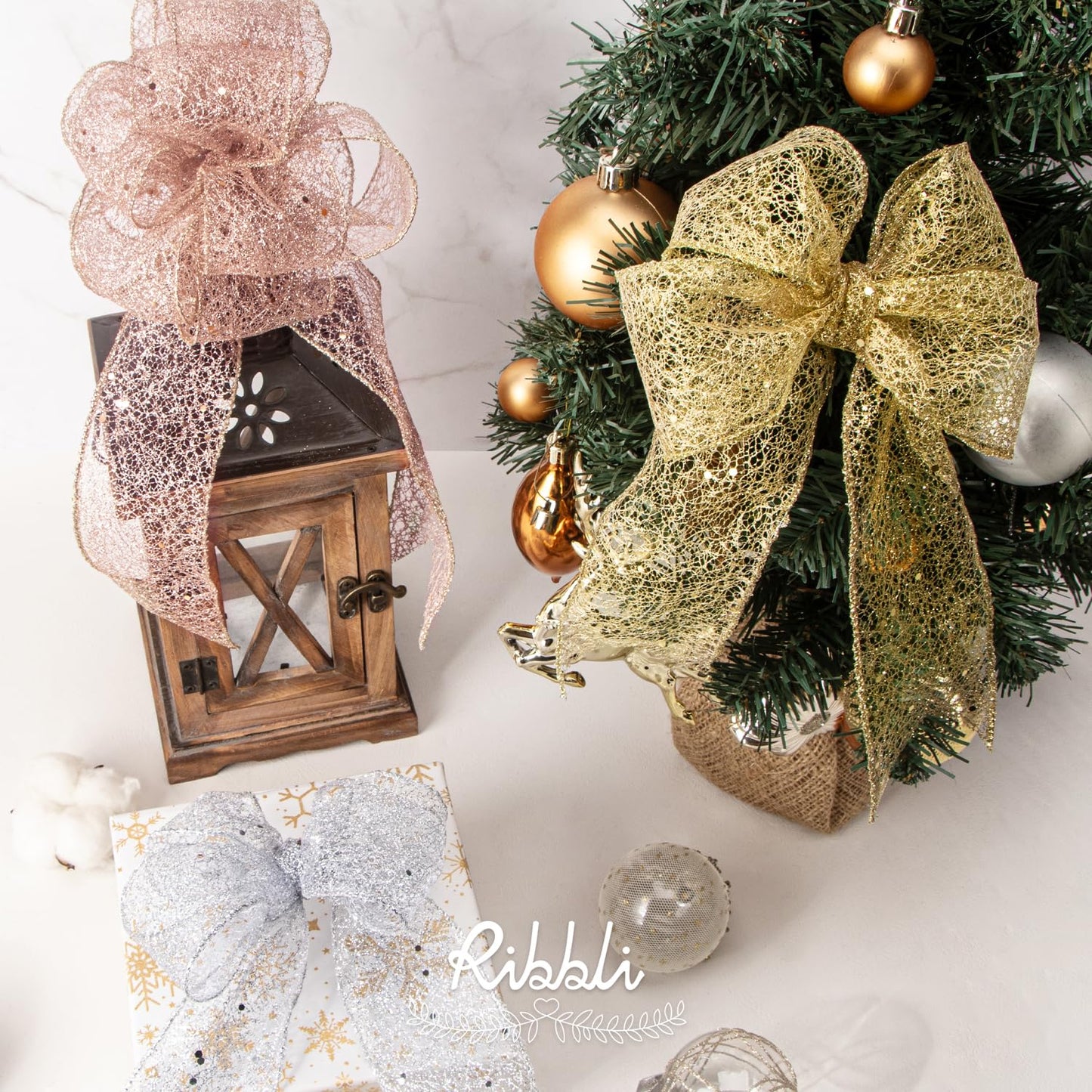 Ribbli Rose Gold Glitter Wired Ribbon for Christmas Tree Fine Mesh Sparkling 2.5 Inch x 10 Yard Christmas Wired Ribbon for Gift Wrapping Crafts Wreath Supplies