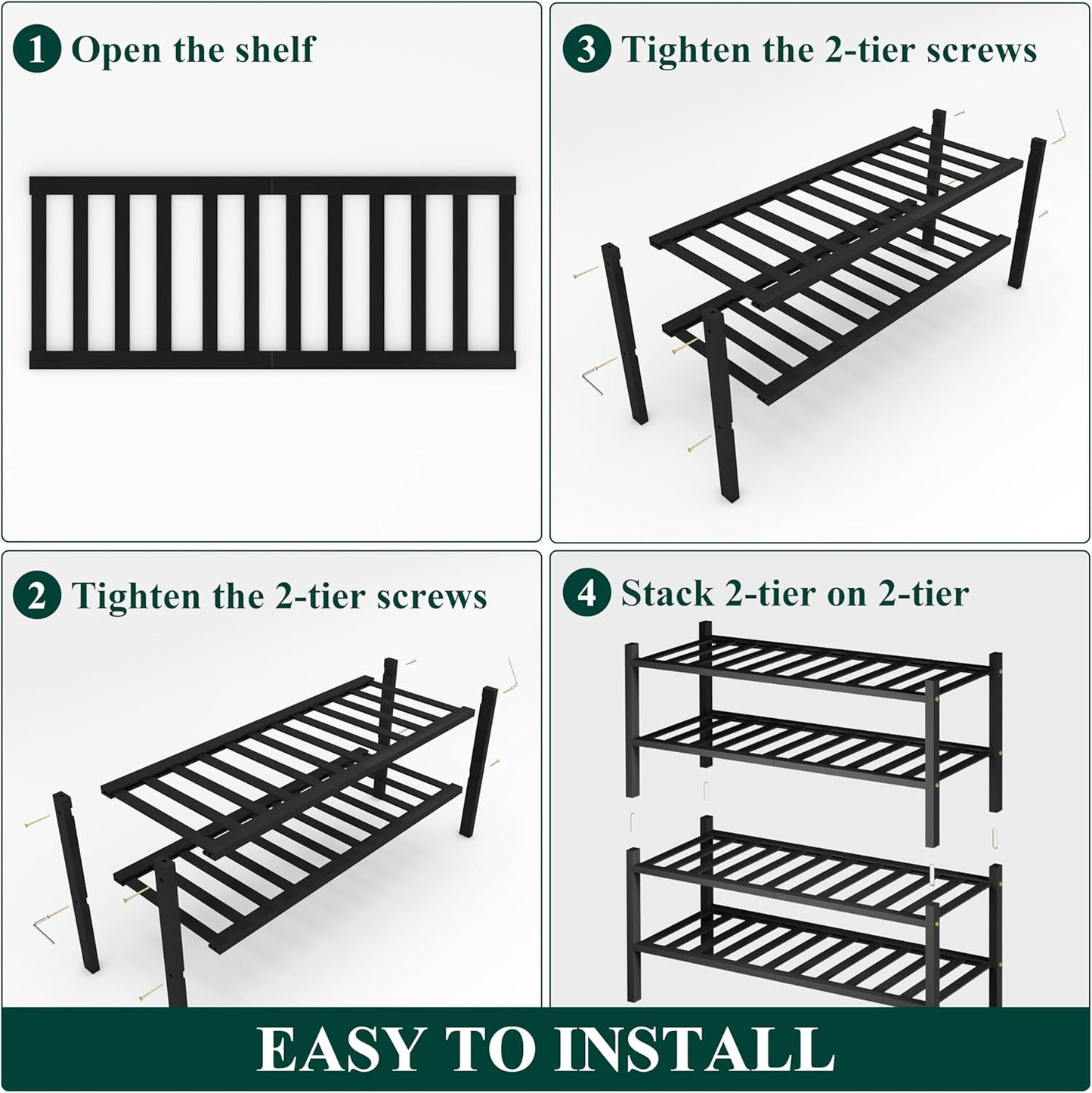 Smiry Shoe Rack, 4 Tier Thick Bamboo Shoe Organizer, Stackable Free Standing Wooden Shoe Storage Shelf for Closet, Entryway, Front Door Entrance, Black