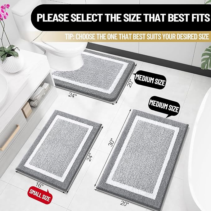 OLANLY Bathroom Rugs 24x16, Extra Soft and Absorbent Microfiber Bath Mat, Non-Slip, Machine Washable, Quick Dry Shaggy Bath Carpet, Suitable for Bathroom Floor, Tub, Shower (Small, Grey)