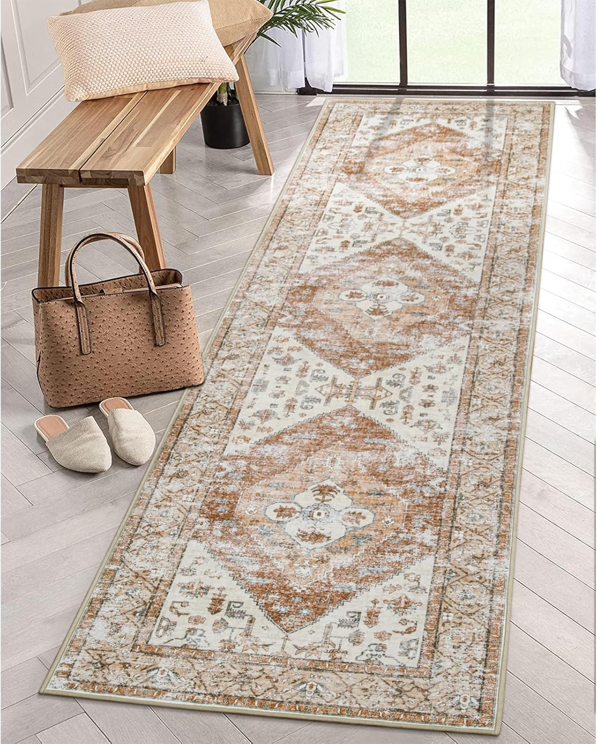 Lahome Boho Washable Rug Runner - 2x7 Non-Slip Runners Rugs for Hallways Non-Shedding Lightweight Runners for Kitchen, Oriental Distressed Print Indoor Carpet Runner for Entrance Bathroom Laundry Room