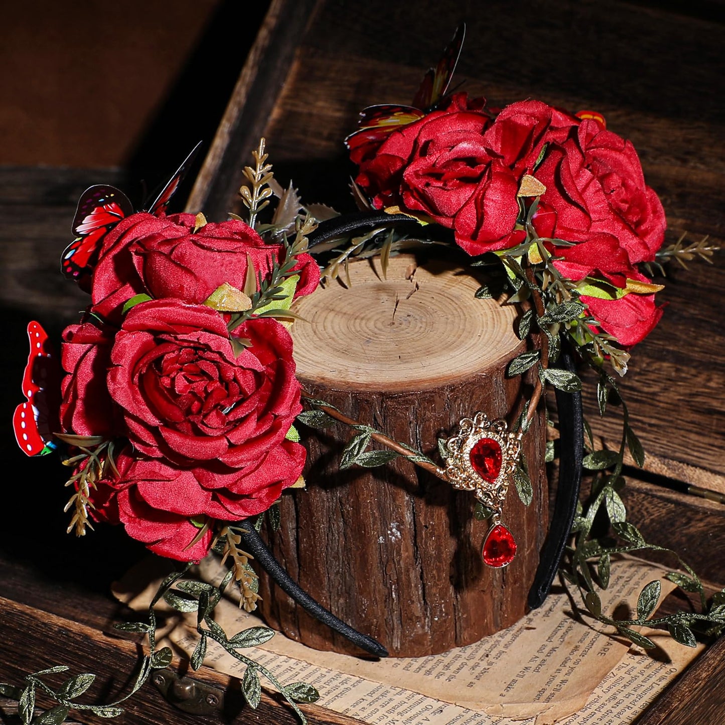 MOSTORY Red Fairy Flower Headpiece - Floral Elf Crown with Vines for Woodland Fairy Accessories Women, Forest Flower Headband with Butterflies for Renaissance Renfaire Cosplay