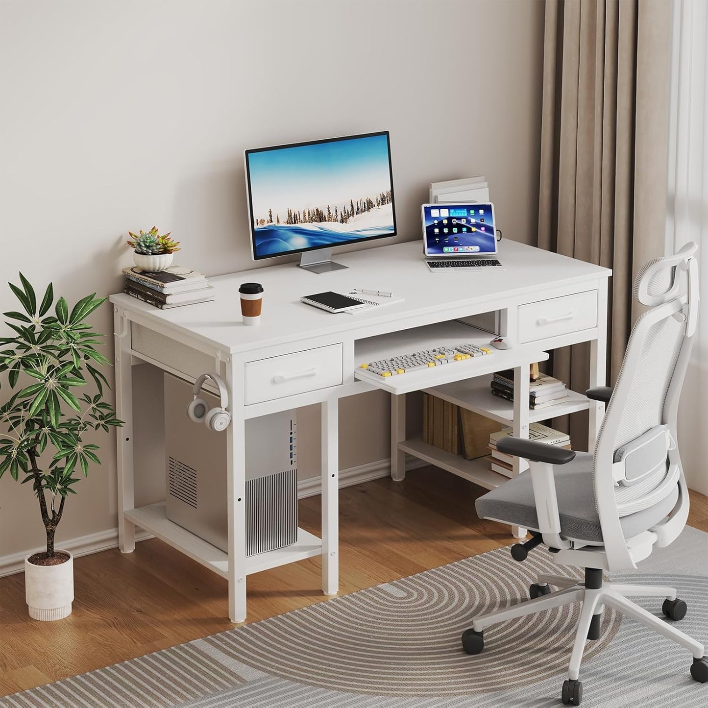 Lufeiya White Desk with Keyboard Tray Slide Out, 47 Inch Home Office Computer Desks with Fabric Drawers & Storage Shelves, Modern Simple Study Writing Table PC Desks for Bedroom, White