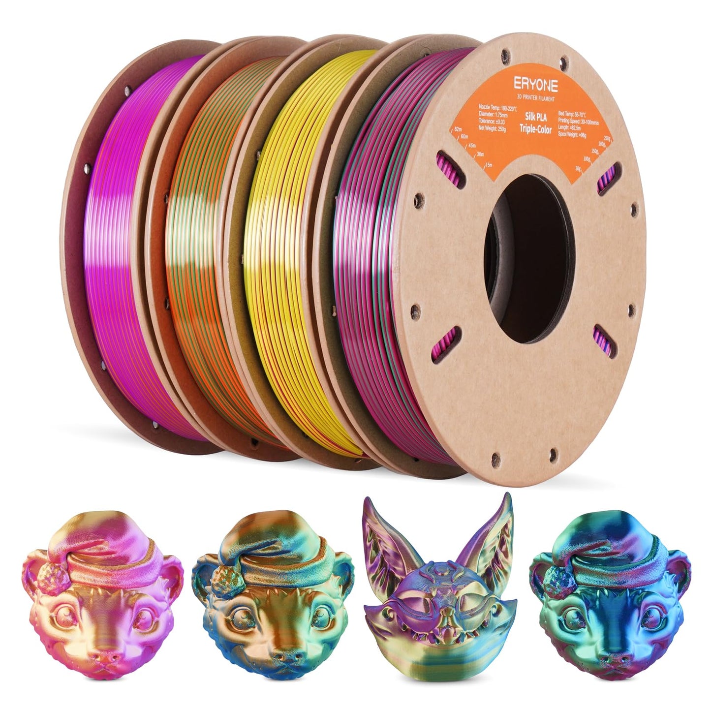 ERYONE Silk Tricolor Coextrusion Shiny 3D Printer Filament Bundle, 1.75+/-0.03mm, 3D Printing Filament 250gX 4 Spools, Silk Tric