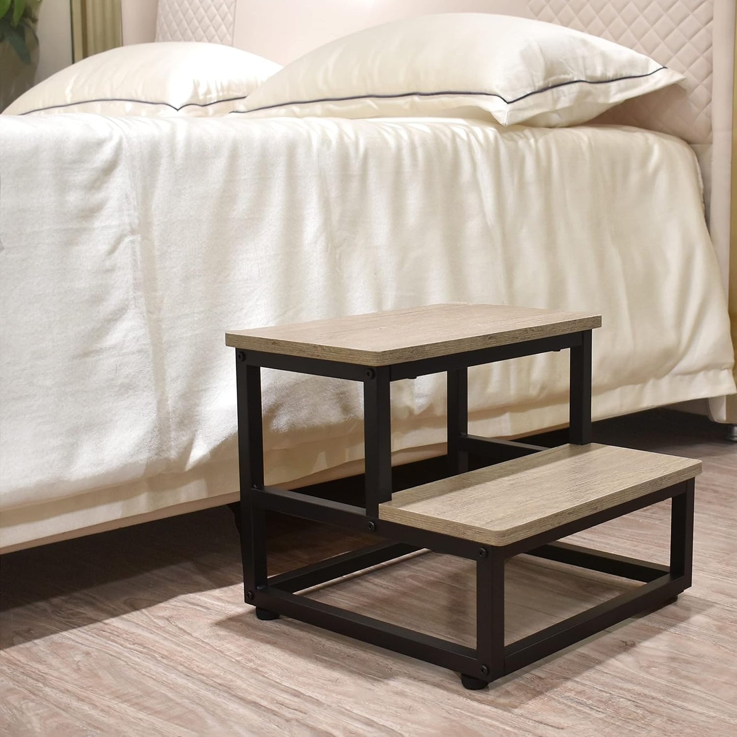 Step Stool, Wood and Metal Step for Adults Kids, Bedside Stepping Stool for High Bed with Round Corners, 2 Steps Foot Stool for Kitchen Bedroom, Load 500 LB, Beige