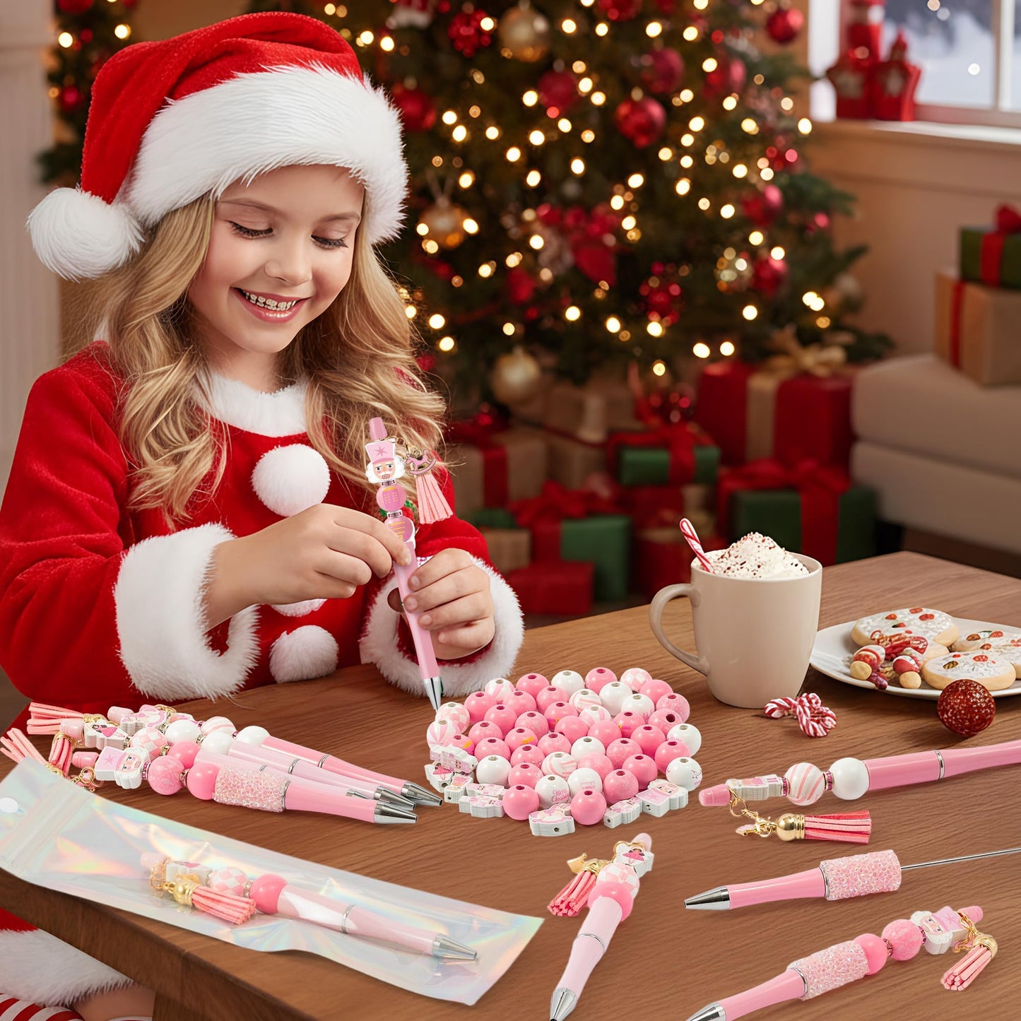 COcnny Christmas Nutcracker Beadable Pens - 12 Set Pink DIY Ballpoint Pen Making Kit with Bead Craft for Kids, Winter Beaded Pen Bulk Charm Tassel Supplies for Xmas Party Women School Students Gift