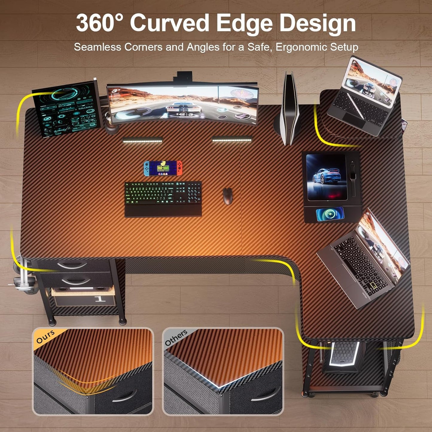 GTPLAYER L Shaped Desk with Drawers, Carbon Fiber Style Computer Desk with Monitor Shelf, Black Small L Shape Desk with Adjustable Open Storage Shelf, Corner PC Table for Small Space Home Office