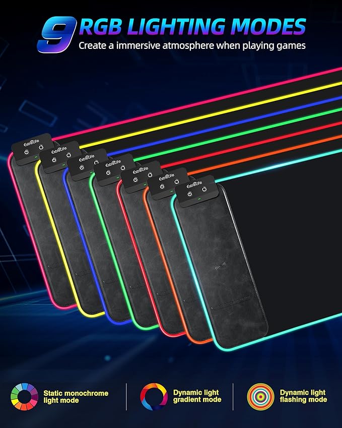 Wireless Charging RGB Gaming Mouse Pad 10W, 31.5"x11.8" Large Desk Mat, Led Mouse Pad, 9 Light Modes, Non-Slip Rubber Base, Waterproof Computer Keyboard Mat for Gaming Home Office, Black with Adapter