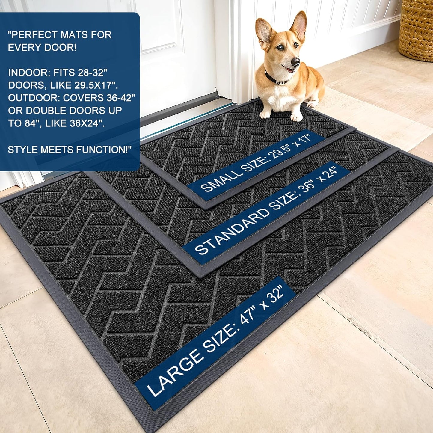 OLANLY Front Door Mat Indoor Outdoor Entrance, Waterproof All-Season, All-Weather Doormat, Sturdy Natural Rubber, Low Profile, Easy Clean Patio Porch Entryway Mat, Herringbone Brick (Black, 71x23)