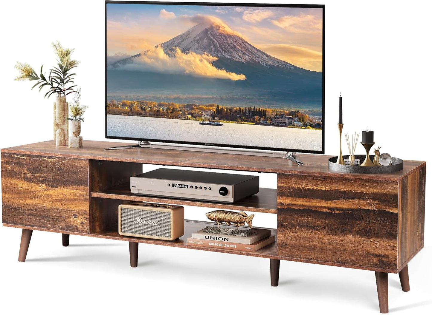 WLIVE TV Stand for 65 70 inch TV, Mid Century Modern TV Console, Entertainment Center with Storage for Living Room, Retro Brown