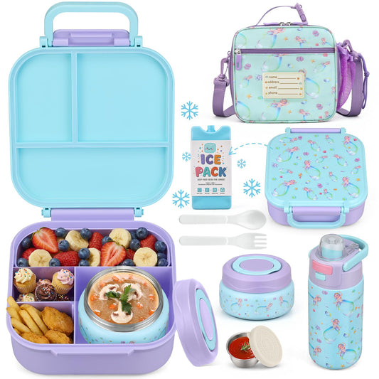 Bento Lunch Box for Kids with 7oz Soup Thermo,Insulated Stainless Steel Kids Water Bottle with Straw and Insulated Lunch Bag,Leak-Proof Lunch Food Container with Ice Pack for School(Purple-Mermaid)