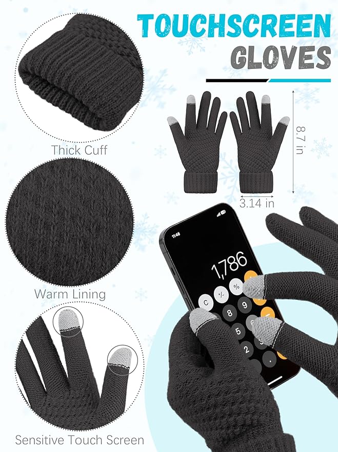 Winter Hat Scarf Gloves and Ear Warmer, Knit Warm Beanie Hat Touch Screen Gloves Long Knitted Plaid Scarf Set Gifts for Women