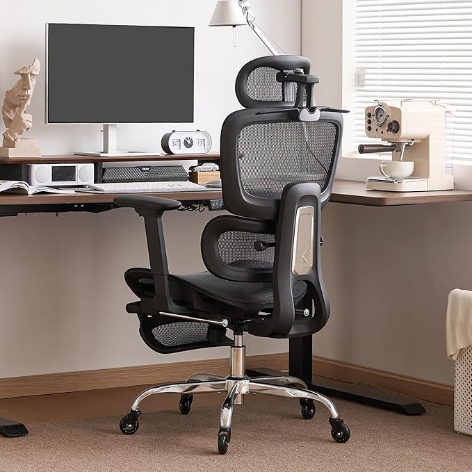 Office Chair with Footrest, Ergonomic Chair with Neck Pillow & Rubber Wheels, Computer Chair with Adjustable Backrest & 3D Armrests Headrest, Gaming Chair Adaptive Lumbar Support, Black