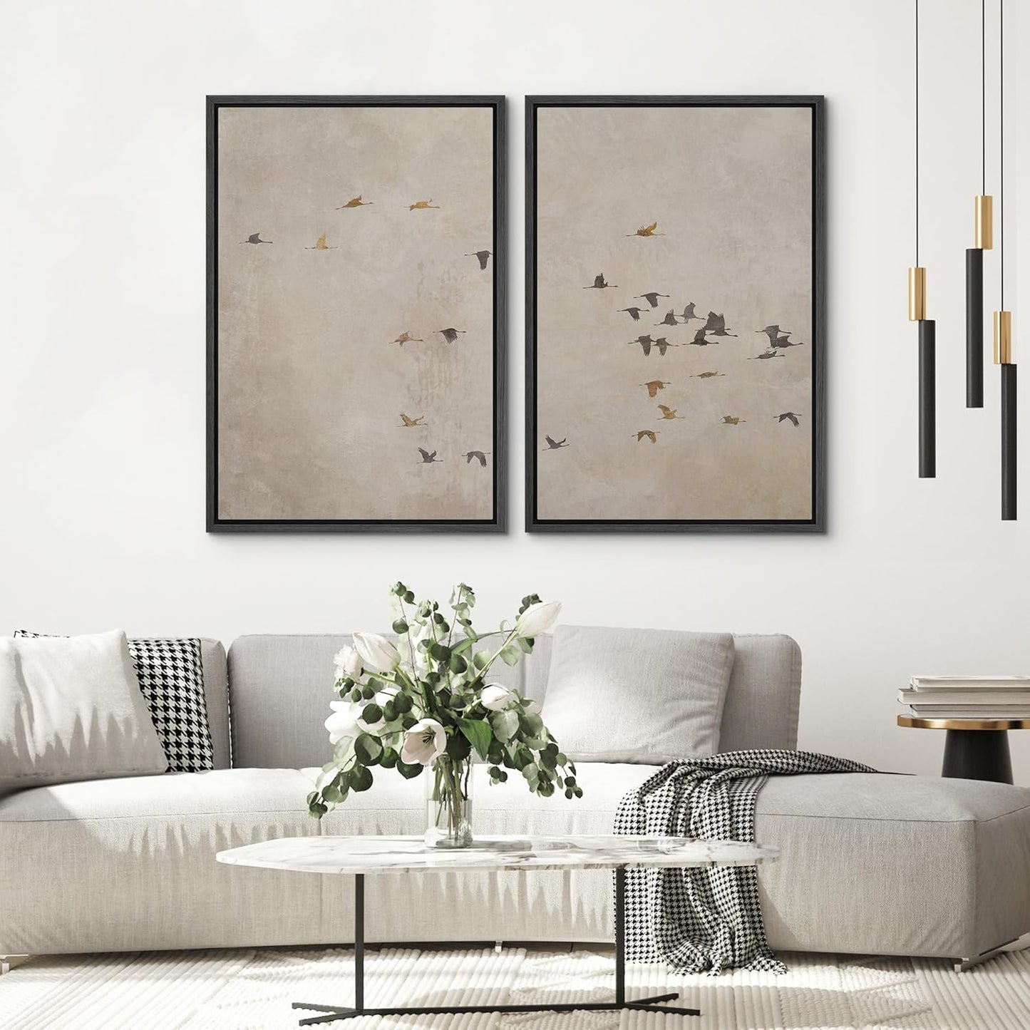 SIGNWIN Framed Canvas Print Wall Art Set Flying Birds Silhouette Minimalist Beige Illustrations Modern Minimal Decorative for Living Room, Bedroom, Office - 24"x36"x2 Black