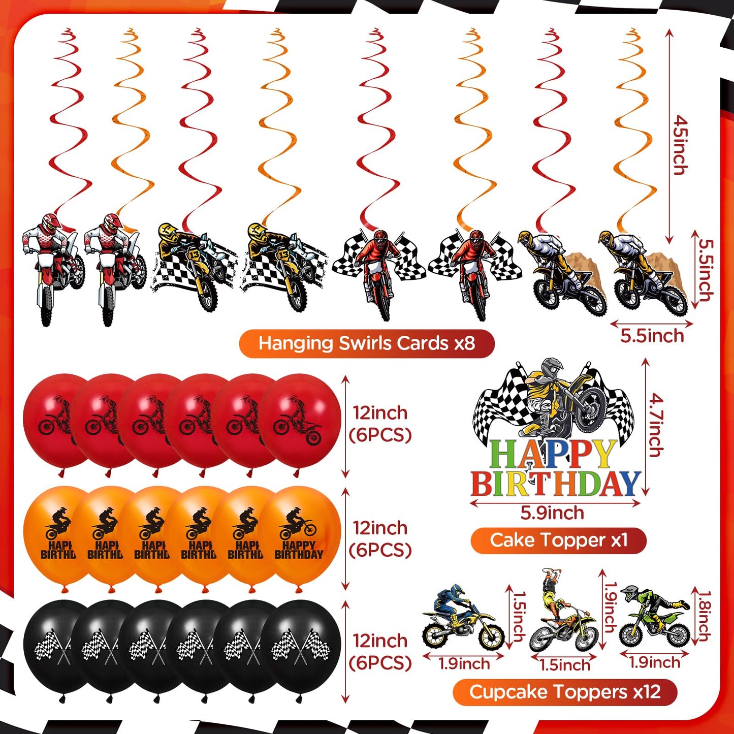 Dirt Bike Party Decorations Kit Motorcycle Theme Happy Birthday Banner Balloons Dirt Bike Hanging Swirls Tablecloth Cake Cupcake Toppers Decor for Boys Men Dirtbike Birthday Party Favors Supplies