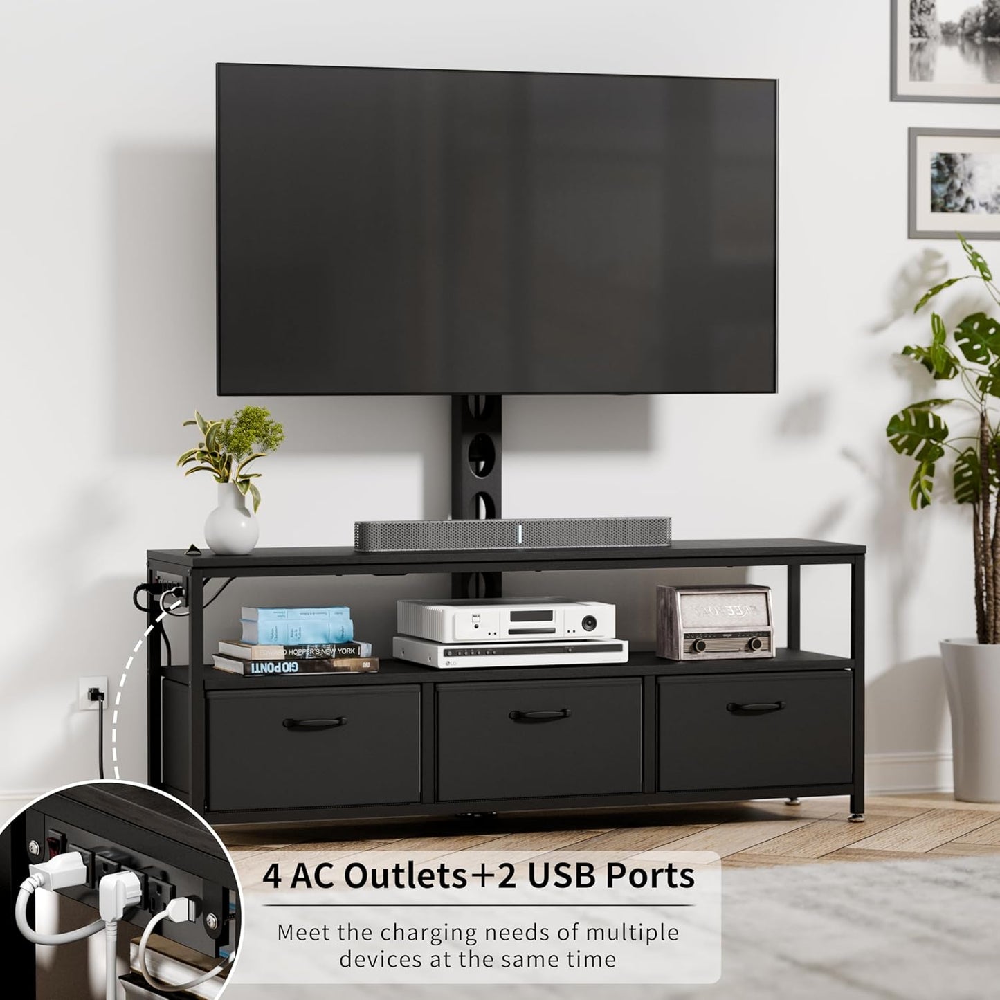 JUSTOGO TV Stand with Mount and Power Outlet, TV Stand Mount with Storage for Living Room, Entertainment Center with LED Lights for 45/55/60/65 inch, Height Adjustable Media Console, Black