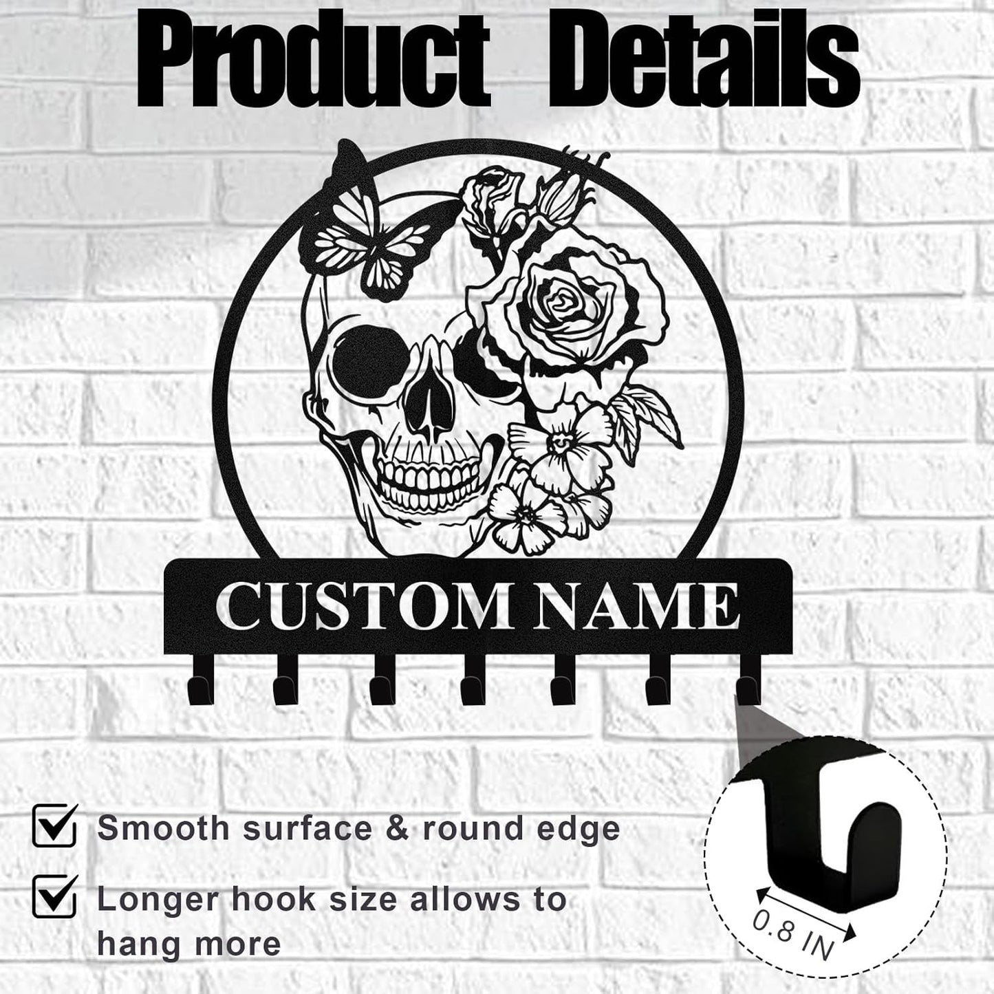 Personalized Key Holder for Wall - Coat Rack Wall Mount with Skeleton & Rose Flower Design, Metal Key Organizer with Hooks, Skull Wall Decor for Bedroom Living Room Entryway, Personalized Gift
