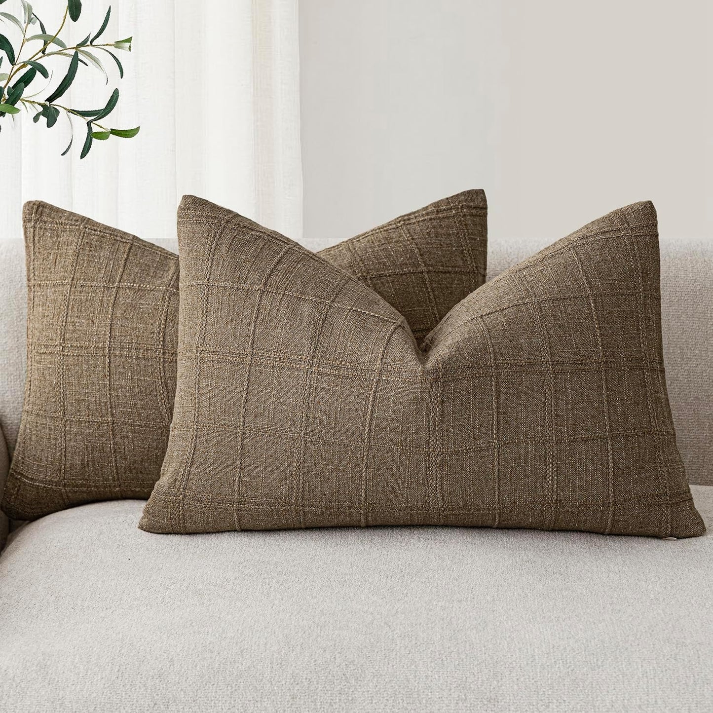 Foindtower Set of 2 Decorative Linen Check Throw Pillow Covers Neutral Farmhouse Lumbar Cushion Covers Modern Boho Home Decor for Sofa Chair Couch Bedroom Living Room Outdoor,12×20 Inch,Light Brown