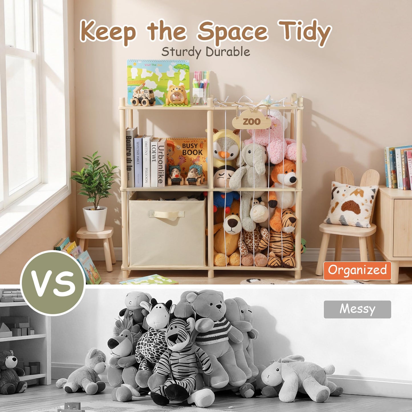 LAMU Stuffed Animal Storage and Kids Bookshelf, Wooden Toy Organizer with Large Toy Box Chest, Kids Bin Shelf Toys Box Bookcase, Stuffed Animal Zoo Holder for Bedroom Playroom Nursery