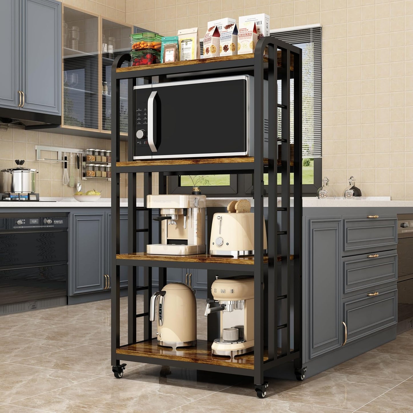 4-Tier Kitchen Baker's Rack with Rolling Wheels, Microwave Oven Cart Stand, Adjustable Utility Shelving Storage Unit, Heavy Duty Organizer Rack for Living Room, Garage, Home and Office(Brown)
