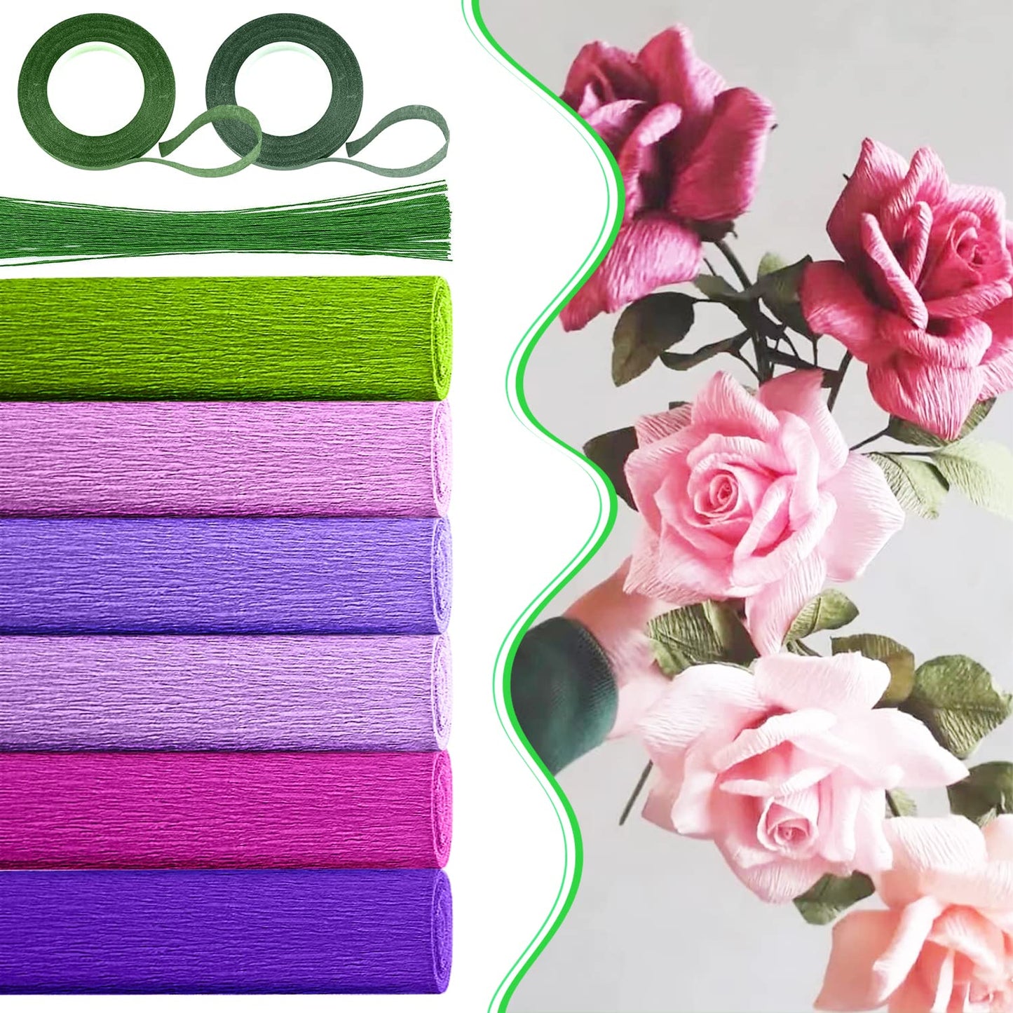 Crepe Paper 6 Rolls Wide Crepe Paper Streamers 10 Inch x 8 Feet Artificial Floral Arrangements DIY Flower Making Kits Green Floral Tape and Wire for Wedding Festival Party Decorations Craft Supplies
